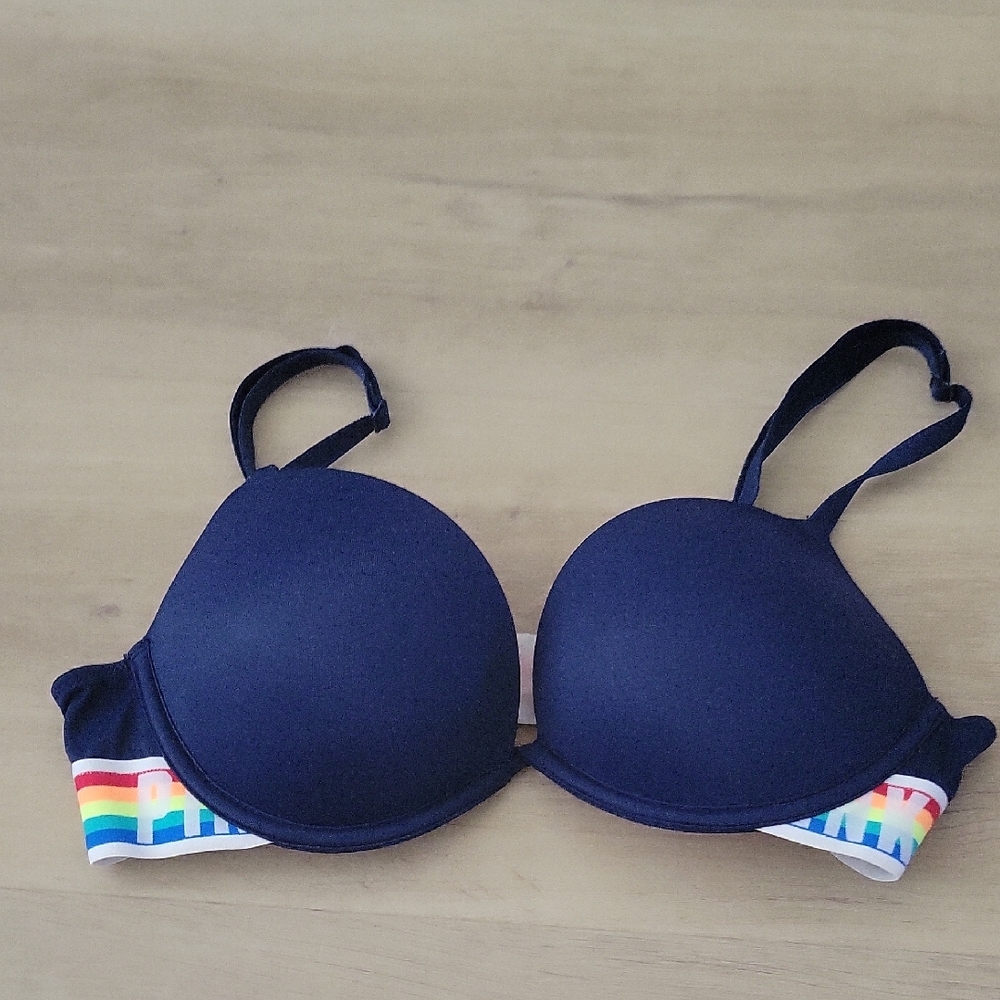 Victoria's Secret Navy Blue Super Push Up Bra Top with Rainbow Trim